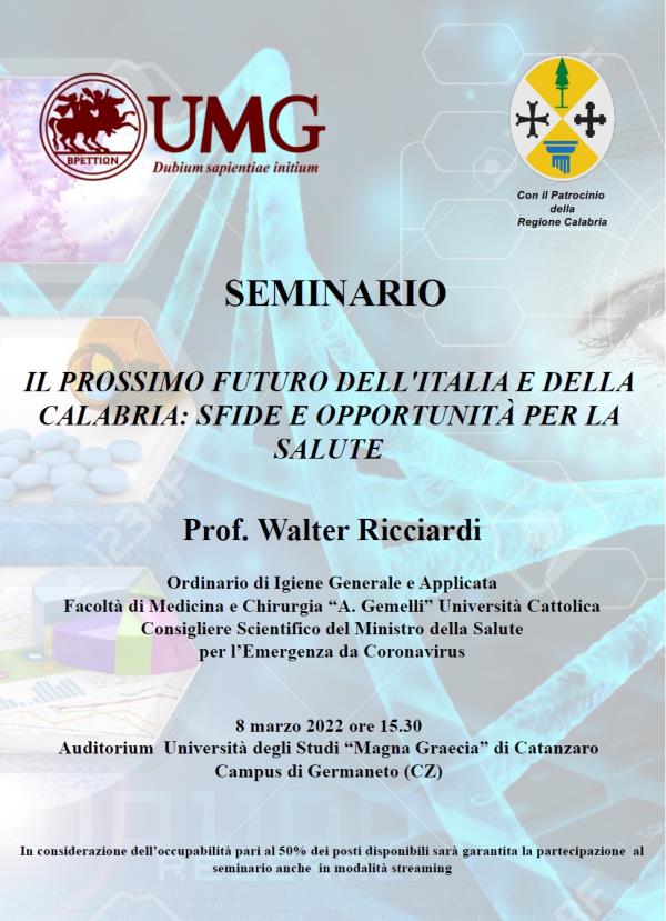Sfide e opportunità per la salute: domani il seminario del Prof. Walter Riccardi all'UMG di Catanzaro images Sfide e opportunità per la salute: domani il seminario del Prof. Walter Riccardi all'UMG di Catanzaro