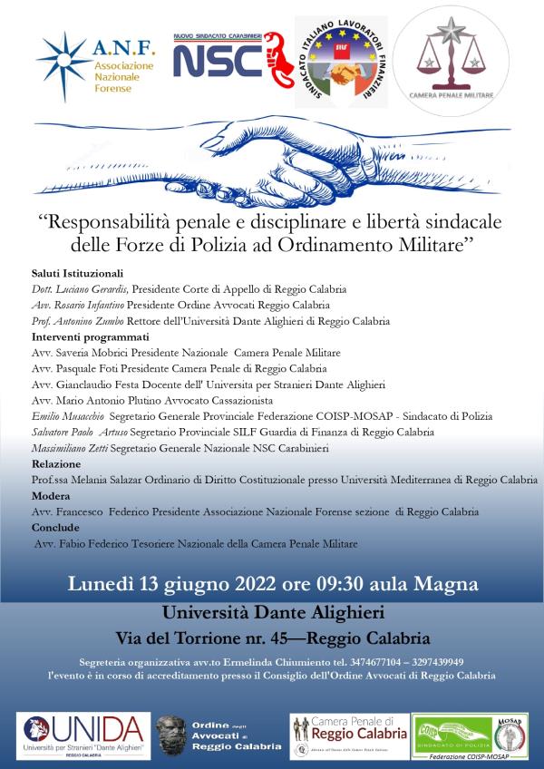 images "Responsabilità penale e disciplinare e libertà sindacale delle Forze di Polizia ad Ordinamento Militare": se ne parla a Reggio in un convegno