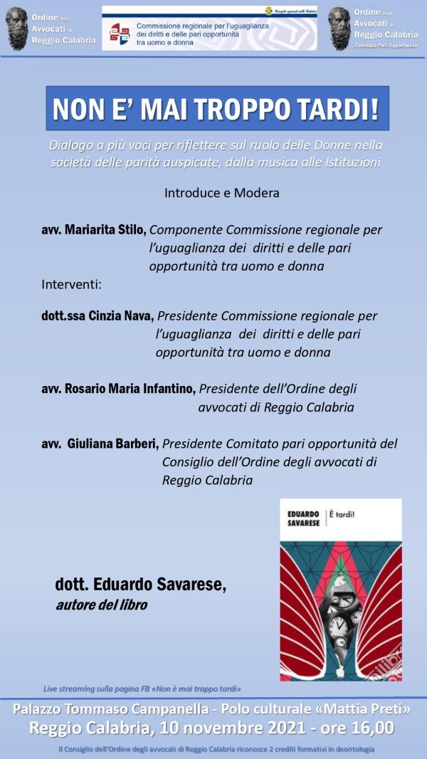 images Cultura e Pari opportunità. Mercoledì 10 la presentazione di "E' tardi", il libro di Eduardo Savarese
