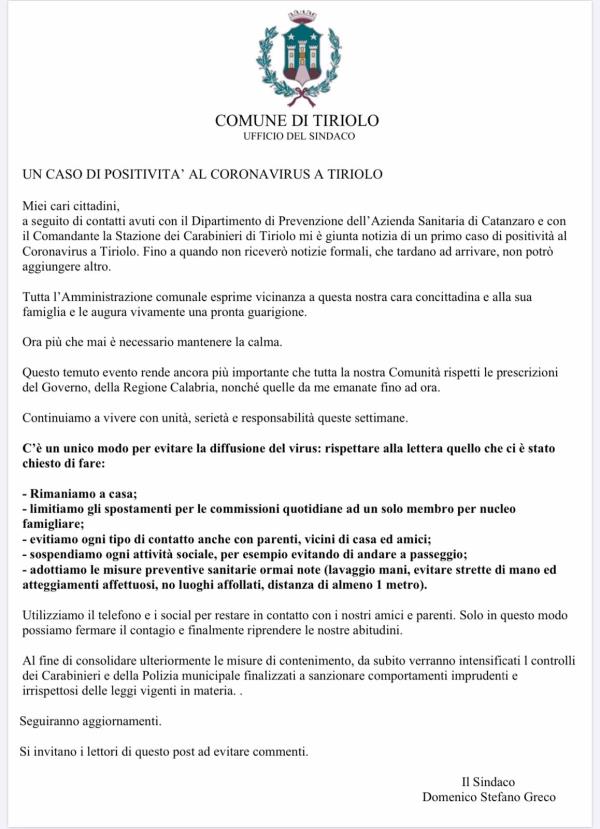 Coronavirus. Primo caso a Tiriolo. Il sindaco scrive ai cittadini images Coronavirus. Primo caso a Tiriolo. Il sindaco scrive ai cittadini