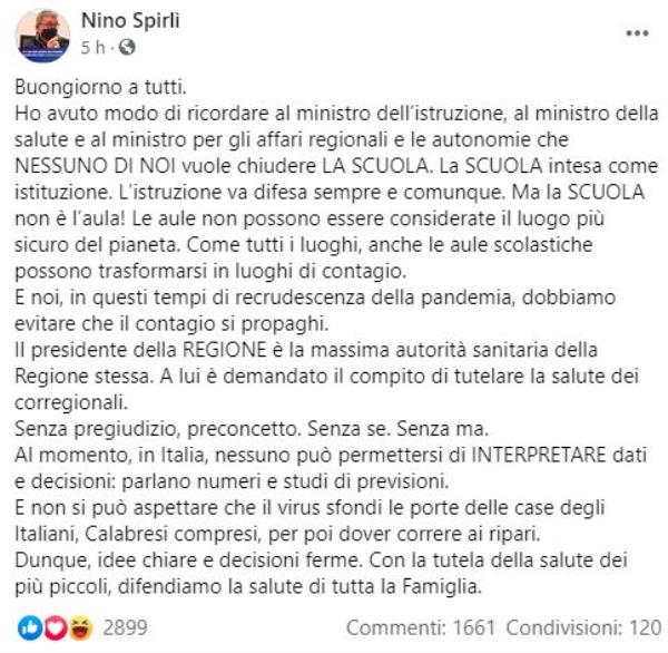 images Scuola. Spirlì su Facebook: "Le aule non sono il posto più sicuro. Parlano numeri e studi"
