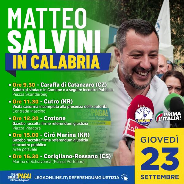 Regionali. Il 23 settembre Matteo Salvini torna in Calabria images Regionali. Il 23 settembre Matteo Salvini torna in Calabria