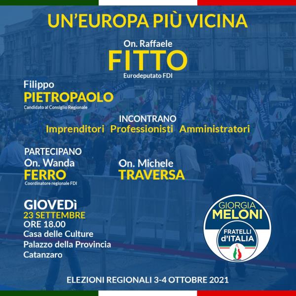 Regionali. "Un'Europa più vicina": domani Fitto e Pietropaolo (FdI) incontrano imprenditori e amministratori images Regionali. "Un'Europa più vicina": domani Fitto e Pietropaolo (FdI) incontrano imprenditori e amministratori