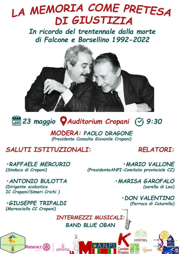 images Cropani, a trent'anni dalla strage di Capaci le Associazioni promuovono "La memoria come pretesa di giustizia"