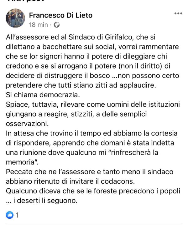 images Bosco Rimitello di Girifalco: all'affondo via social di sindaco e assessore risponde il Codacons
