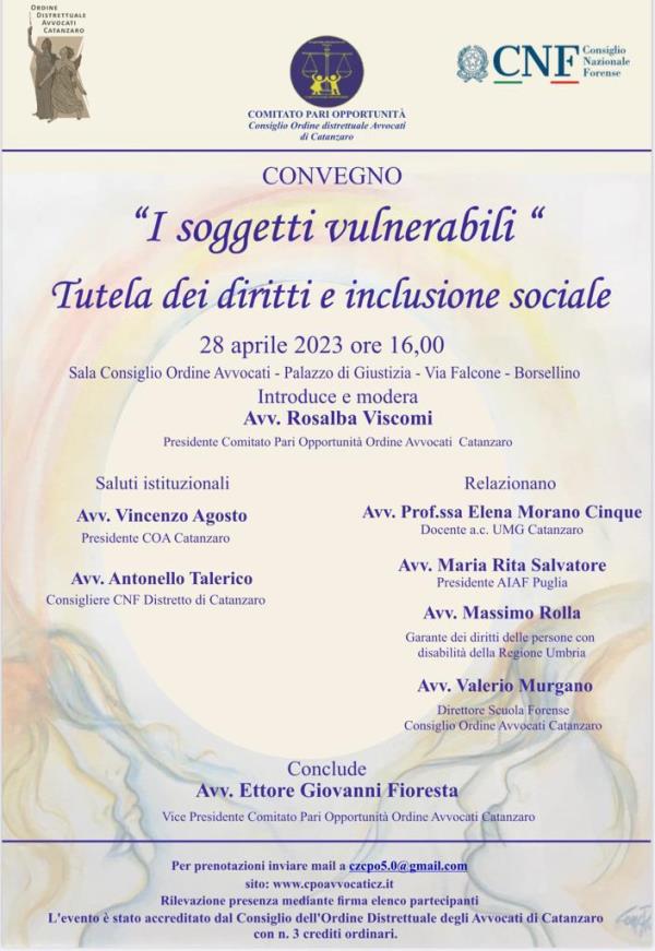 images Inclusione e tutela dei diritti nei soggetti vulnerabili: ne discute il CPO degli Avvocati catanzaresi il 28 aprile