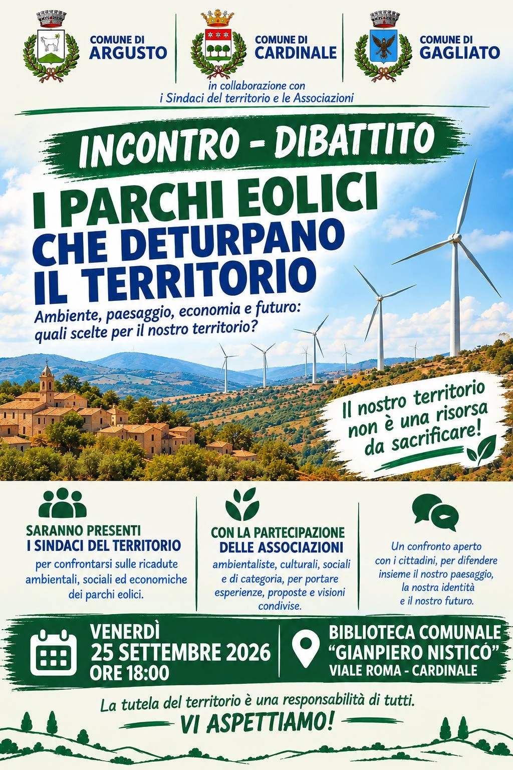 Eolico, venerdì 25 settembre assemblea pubblica a Cardinale