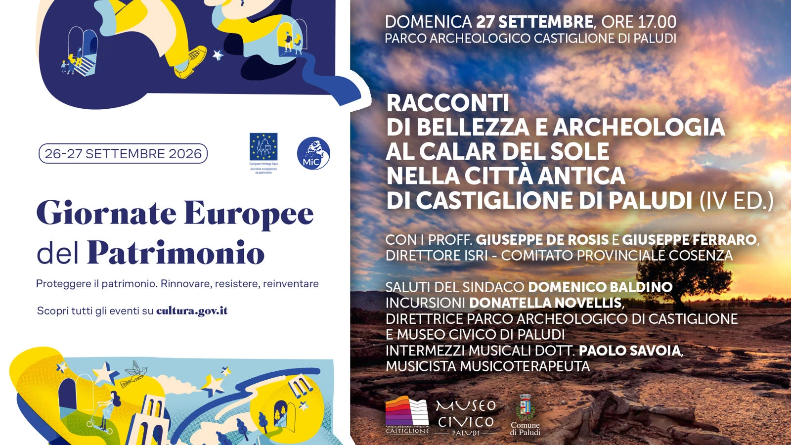 Giornate Europee del Patrimonio 2026: a Paludi la IV edizione di “Racconti di bellezza e archeologia al calar del sole”