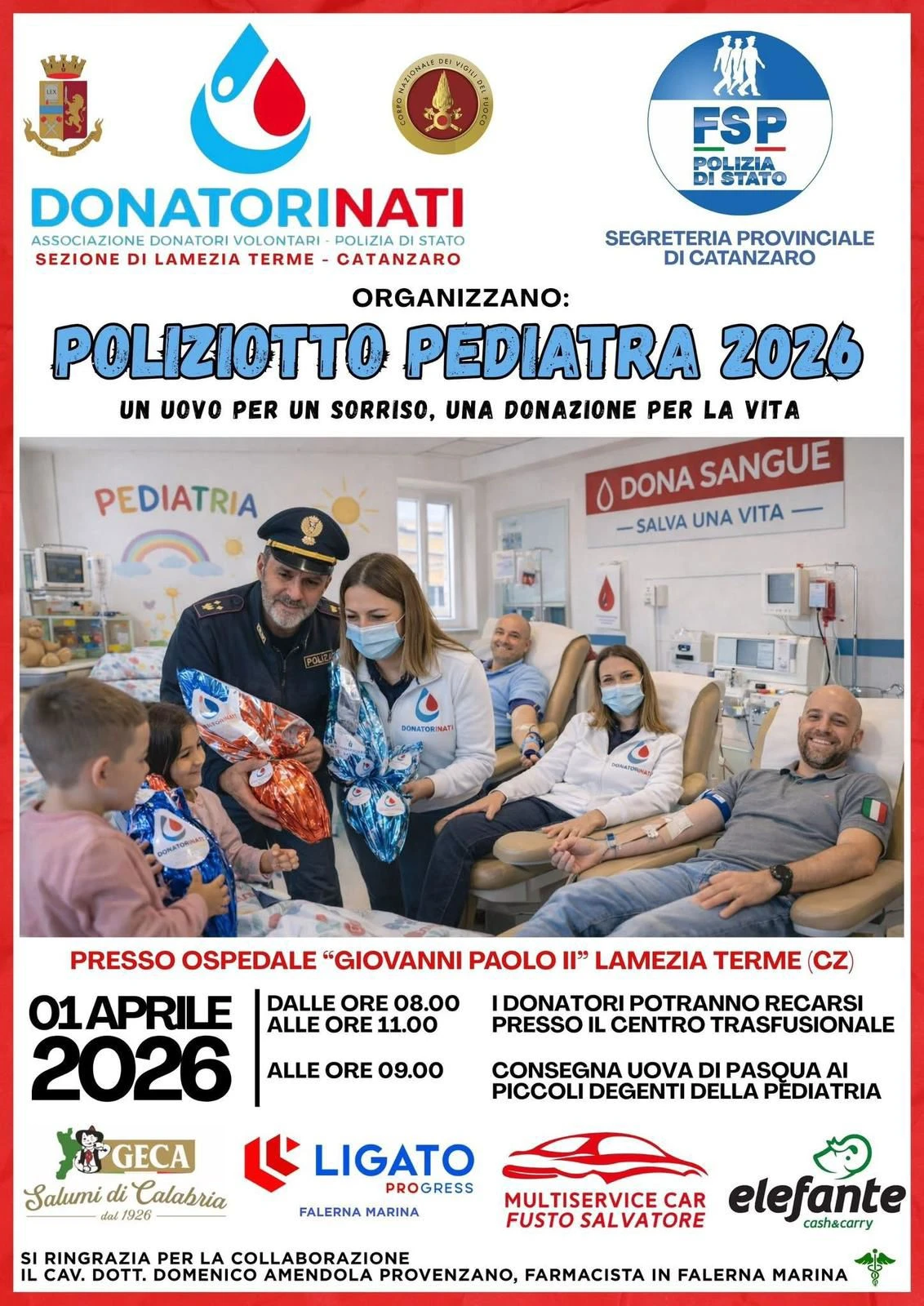 All'ospedale di  Lamezia Terme l'iniziativa pasquale "Poliziotto Pediatra 2026"