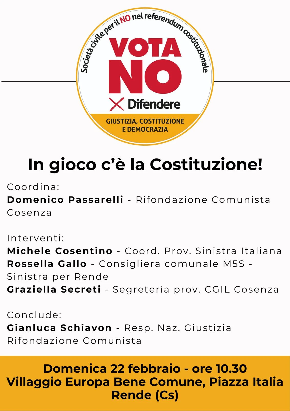 "In gioco c'è la Costituzione", a Rende l'iniziativa per il No al Referendum