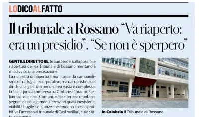 Tribunale di Rossano, Baldino (M5S) scrive a Travaglio: "Uno scippo, va riaperto"
