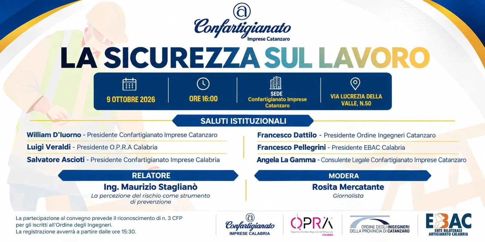 Sicurezza sul lavoro, Confartigianato Catanzaro e Ordine degli Ingegneri: il 9 ottobre un convegno sulla prevenzione