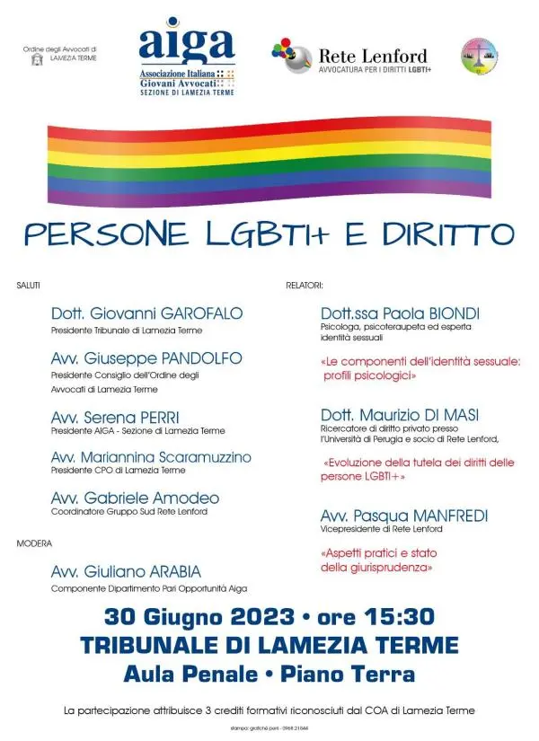 “Persone LGBTI+ e Diritto”, l'incontro a Lamezia organizzato dall'Ordine degli Avvocati images “Persone LGBTI+ e Diritto”, l'incontro a Lamezia organizzato dall'Ordine degli Avvocati
