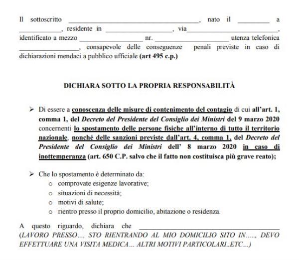 images Coronavirus. Gli spostamenti autorizzati: ecco il modello per l'autocertificazione 