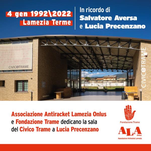 30 anni fa l'omicidio Aversa, l'Associazione Antiracket Lamezia intitola la sala di Civico Trame a Lucia Precenzano images 30 anni fa l'omicidio Aversa, l'Associazione Antiracket Lamezia intitola la sala di Civico Trame a Lucia Precenzano