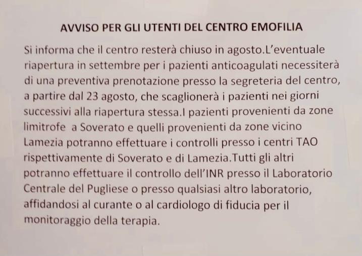Catanzaro. L'ambulatorio di Emofilia del 'Pugliese' chiude ad agosto, il Codacons: "Interruzione di pubblico servizio" images Catanzaro. L'ambulatorio di Emofilia del 'Pugliese' chiude ad agosto, il Codacons: "Interruzione di pubblico servizio"