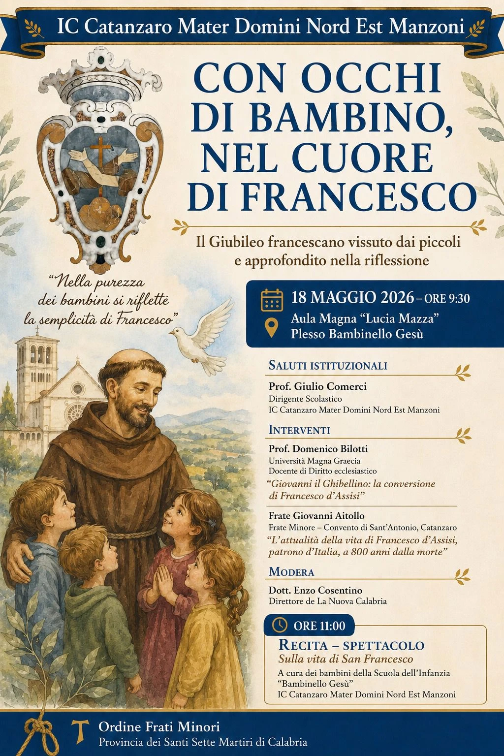 Per il Giubileo Francescano l'I.C. "Mater Domini Nord Est Manzoni” presenta un atteso evento lunedì 18 maggio