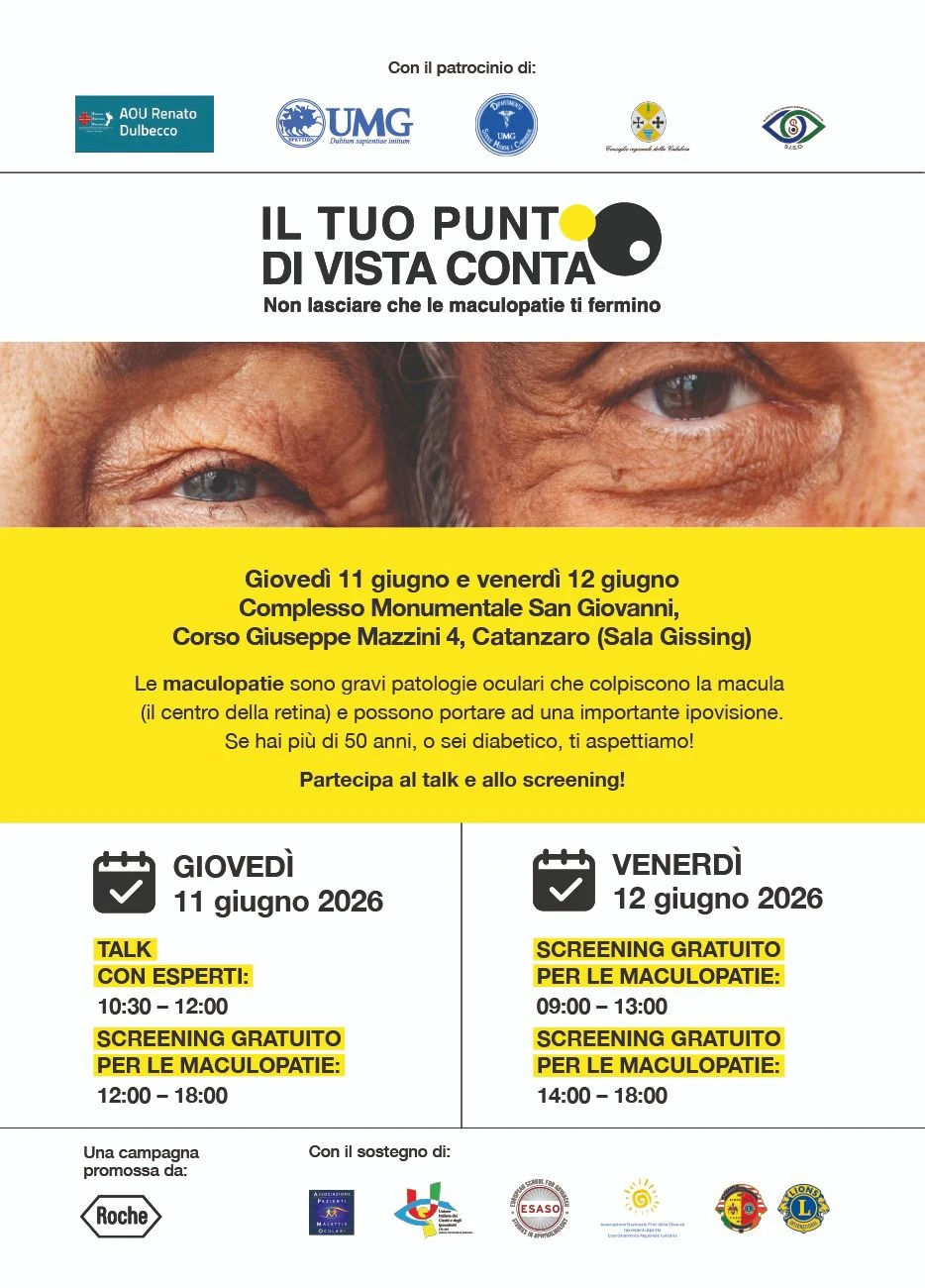 Maculopatie, diagnosi precoce e prevenzione: l'11 e 12 giugno a Catanzaro screening gratuiti 
