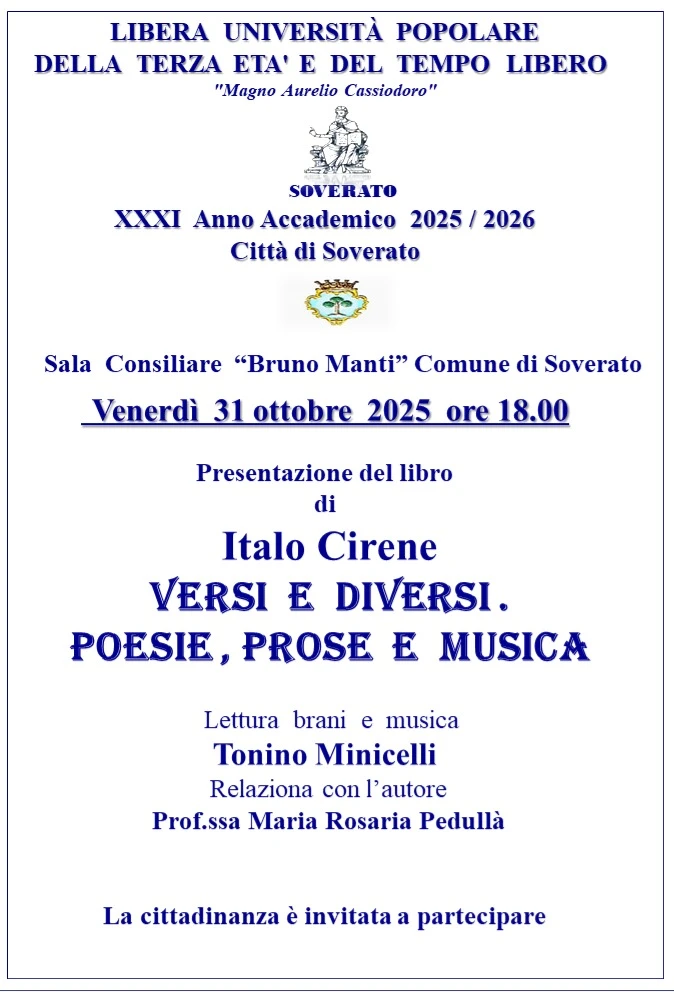 "Versi e diversi. Poesia, prosa e musica": il 31 ottobre la presentazione del libro a Soverato 
