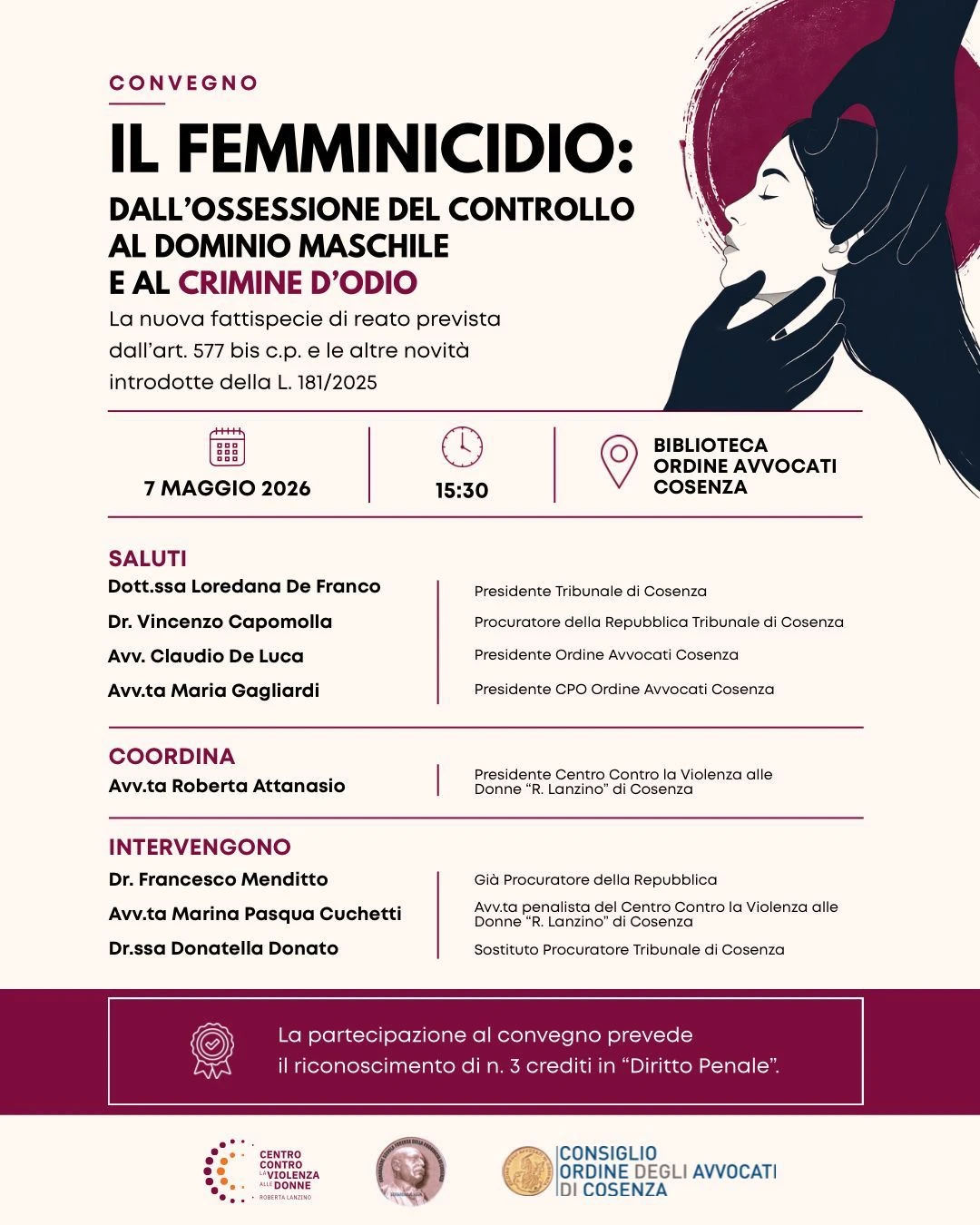 Legge sul femminicidio, a Cosenza un incontro promosso dal CAV "R. Lanzino" e Ordine degli Avvocati