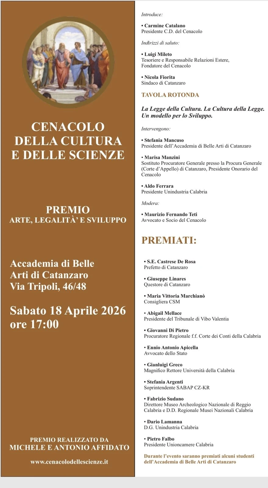 A Catanzaro il premio "Arte, legalità e sviluppo": istituzioni, cultura e società civile a confronto 