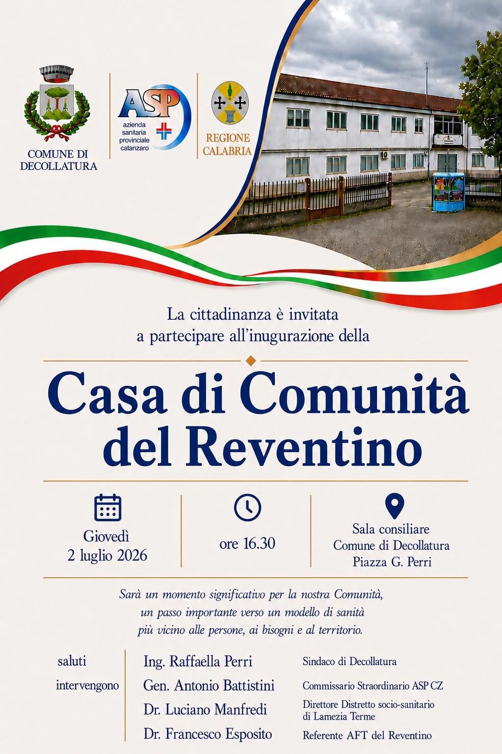 Inaugura domani, 2 luglio, la Casa di Comunità del Reventino nel Comune di Decollatura