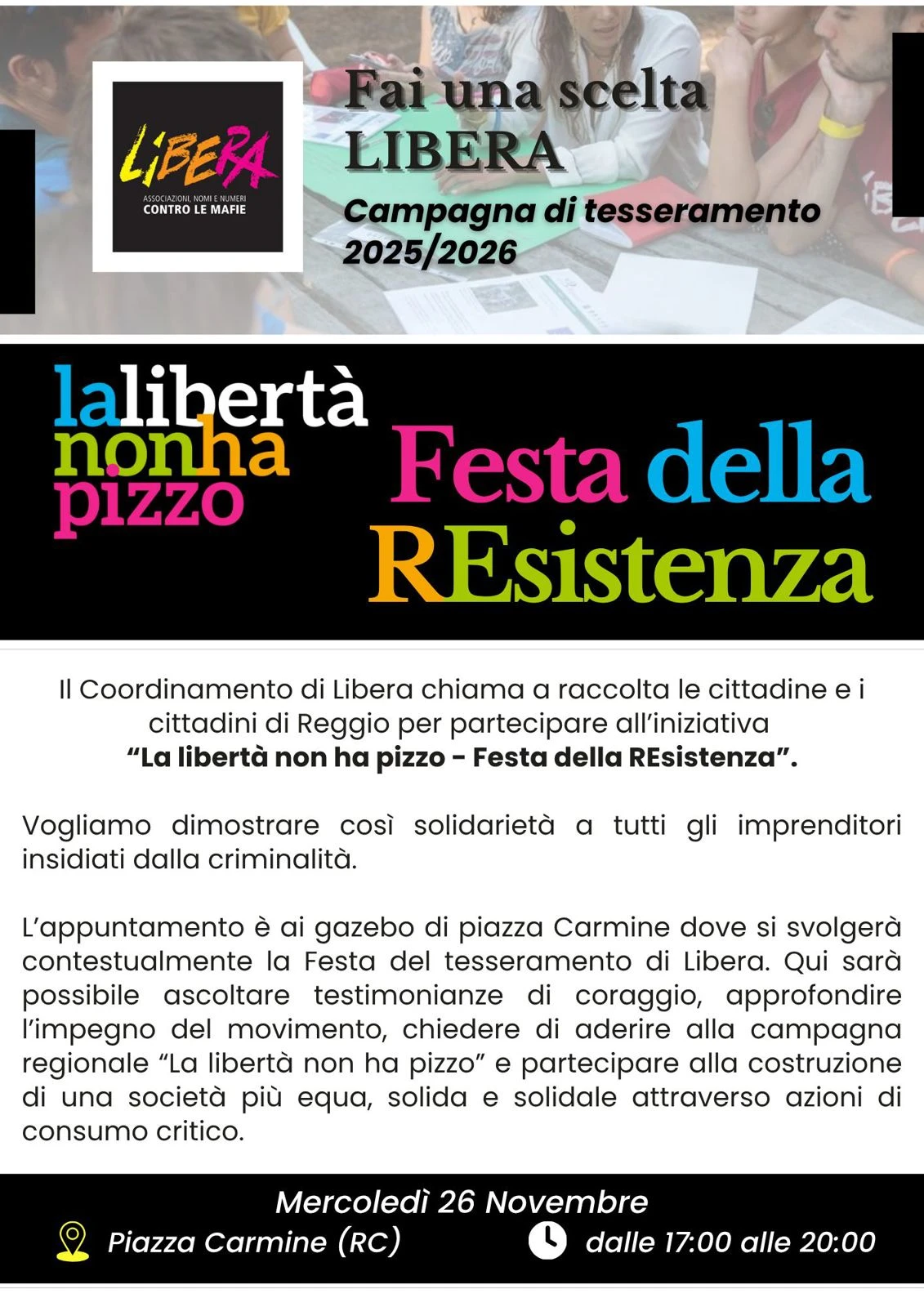 A Reggio Calabria l'iniziativa di Libera Calabria “La libertà non ha pizzo - Festa della REsistenza”