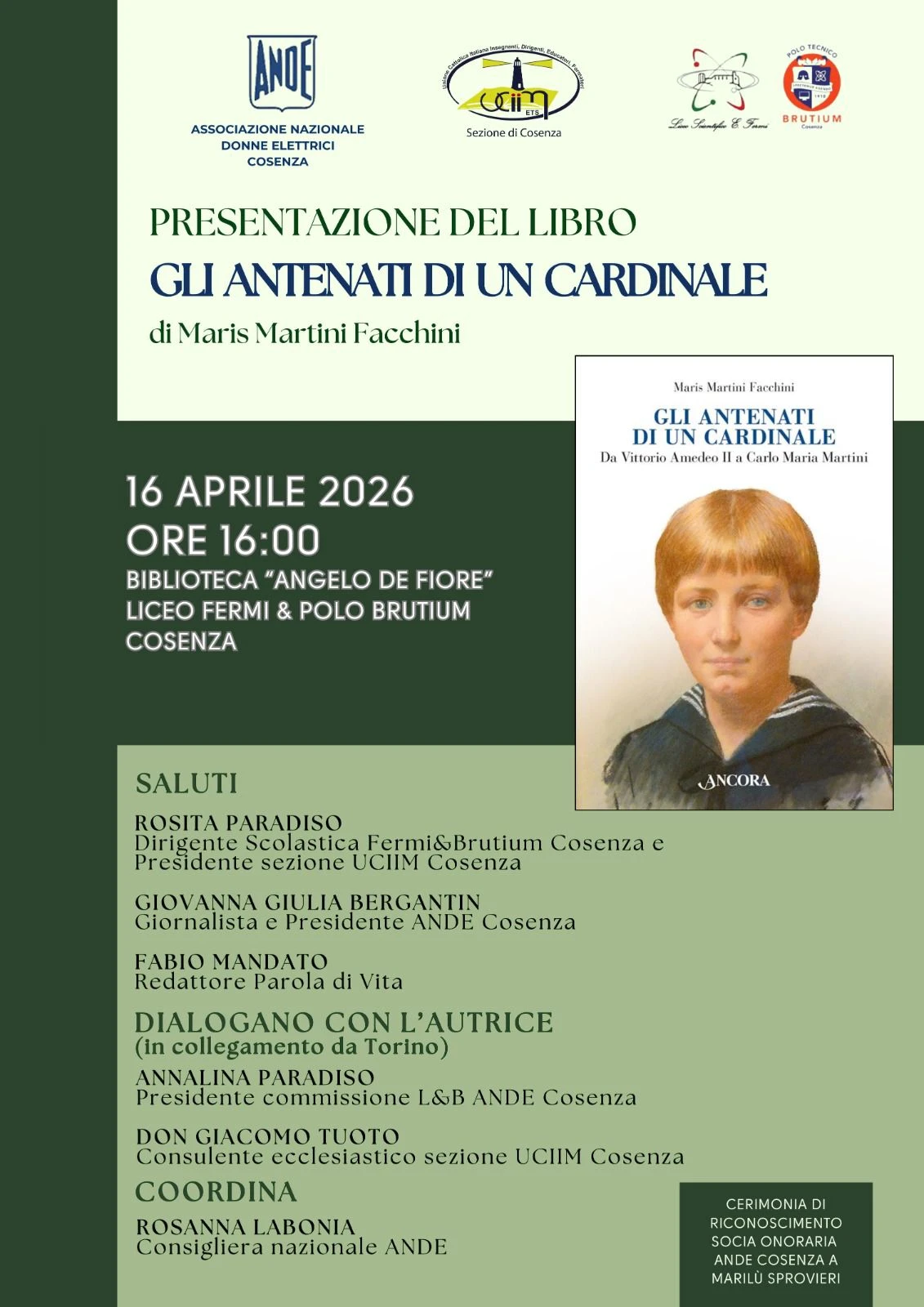 Cosenza, l'Ande presenta "Gli antenati di un cardinale. Storia di un casato da Vittorio Amedeo II a Carlo Maria Martini"