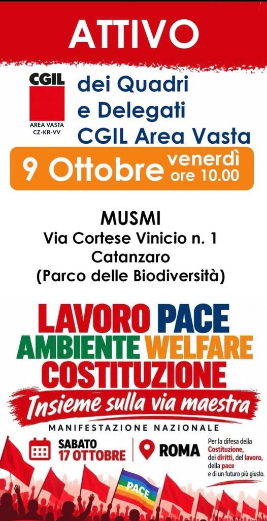 Lavoro, pace e diritti: la Cgil si ritrova a Catanzaro verso la manifestazione di Roma images Lavoro, pace e diritti: la Cgil si ritrova a Catanzaro verso la manifestazione di Roma