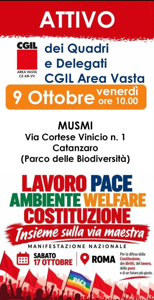 Lavoro, pace e diritti: la Cgil si ritrova a Catanzaro verso la manifestazione di Roma