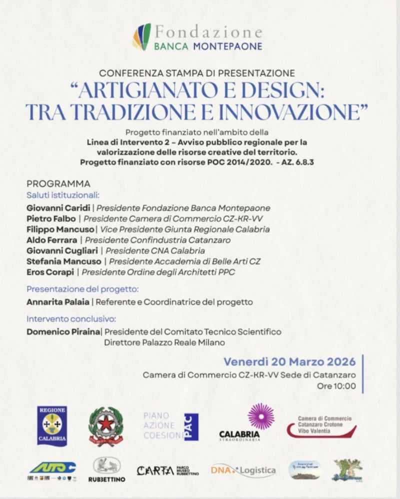 "Artigianato e design tra tradizione e innovazione": Fondazione Banca Montepaone presenta il progetto a Catanzaro 