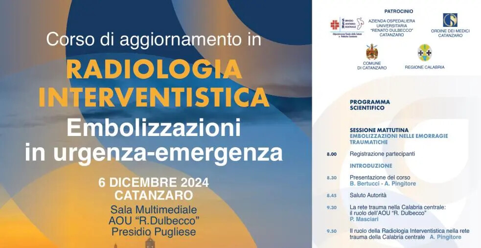 Embolizzazioni in urgenza-emergenza: a Catanzaro il 6 dicembre il corso in Radiologia interventistica images Embolizzazioni in urgenza-emergenza: a Catanzaro il 6 dicembre il corso in Radiologia interventistica