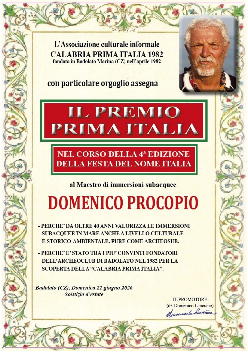 images “Premio Prima Italia” 2026 alla Biblioteca Comunale di Taurianova e all’archeo-sub Domenico Procopio
