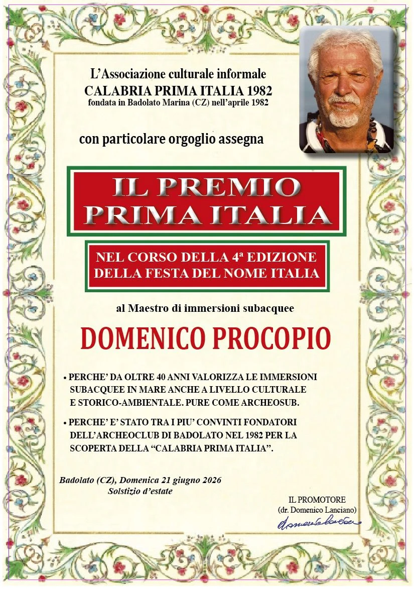 “Premio Prima Italia” 2026 alla Biblioteca Comunale di Taurianova e all’archeo-sub Domenico Procopio