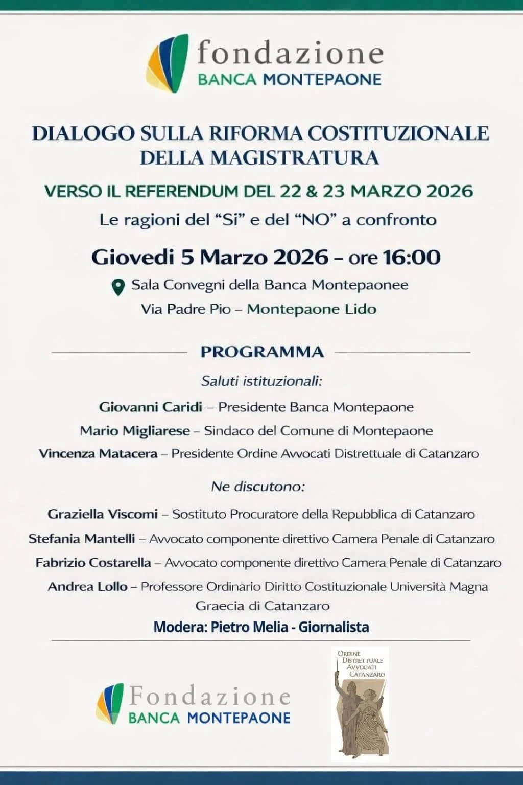 "Dialogo sulla riforma costituzionale della magistratura": confronto promosso dalla Fondazione Banca Montepaone