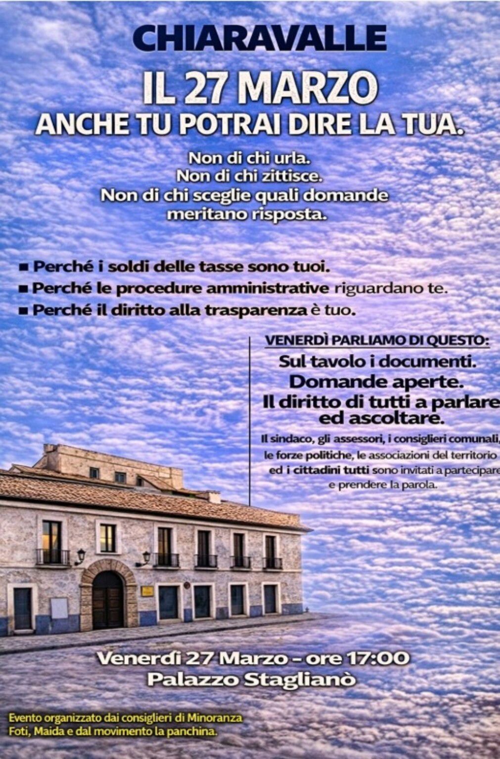 images Chiaravalle, il 27 marzo la minoranza chiama i cittadini a Palazzo Staglianò: “Qui la parola non sarà negata a nessuno”