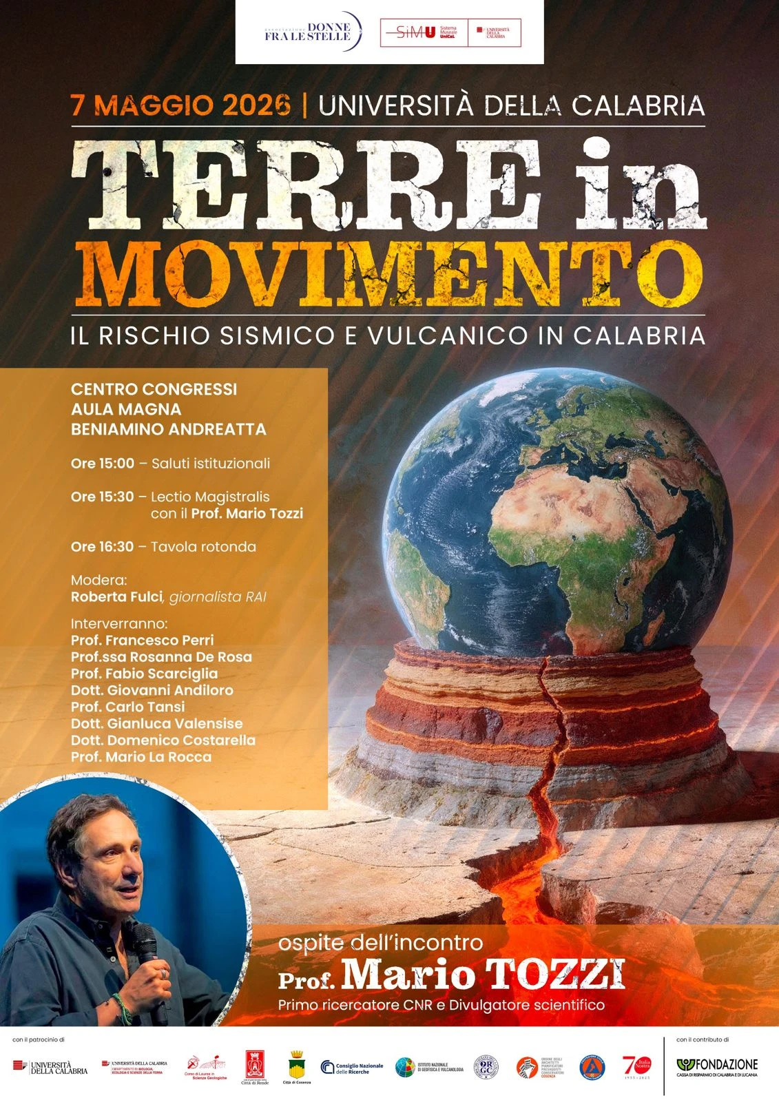 Mario Tozzi all’Unical per "Terre in movimento": focus su rischio sismico e vulcanico