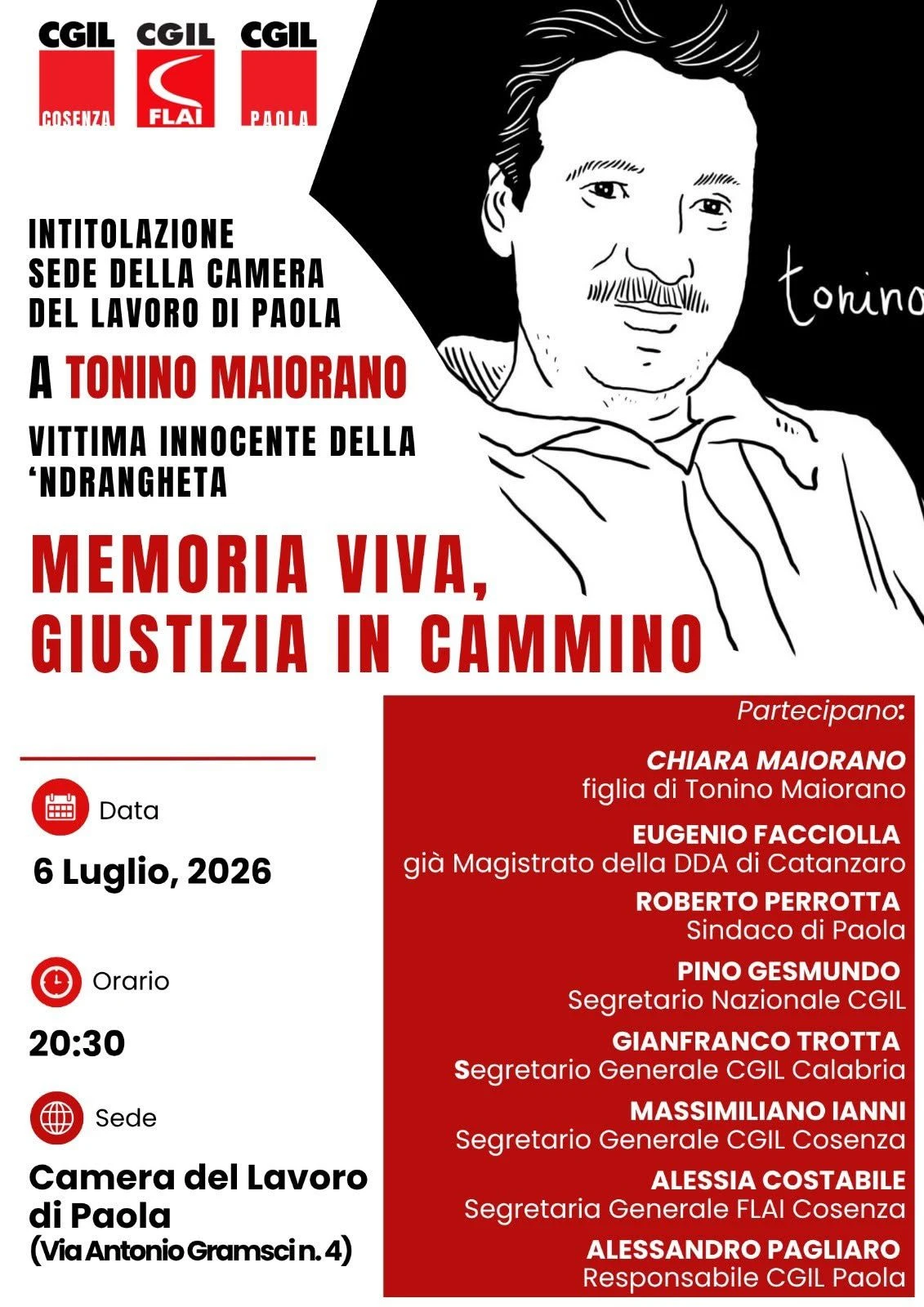 A Paola l'intitolazione della Camera del Lavoro a Tonino Maiorano