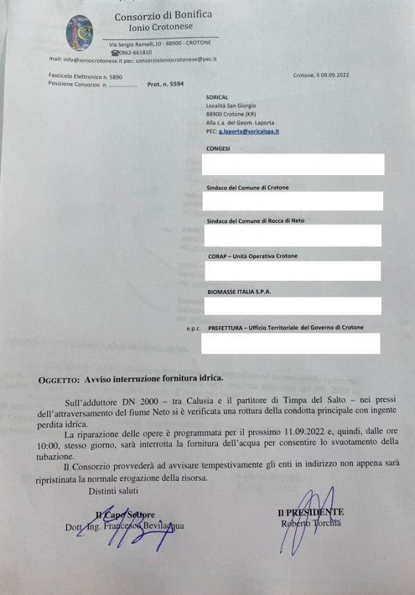 images Fornitura idrica, il Consorzio di bonifica dello Ionio crotonese comunica l'interruzione per danni alla condotta