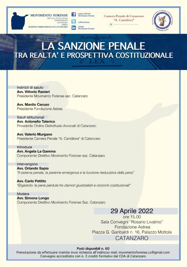 "La sanzione penale tra realtà e prospettiva costituzionale": venerdì a Catanzaro l'evento di Movimento Forense
images "La sanzione penale tra realtà e prospettiva costituzionale": venerdì a Catanzaro l'evento di Movimento Forense