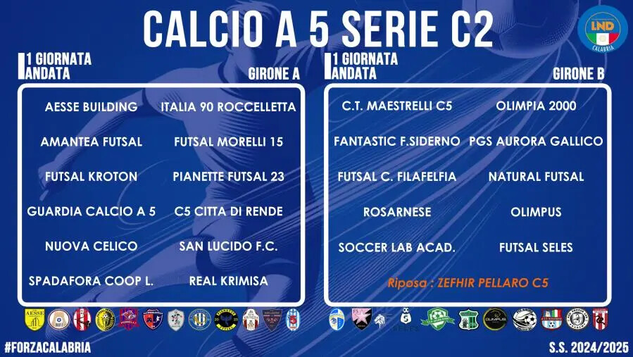Presentati i calendari del campionato di Calcio a 5 Serie C2 s.s. 2024/2025 images Presentati i calendari del campionato di Calcio a 5 Serie C2 s.s. 2024/2025