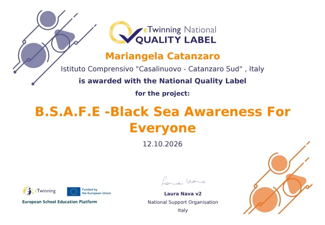 Il Comprensivo Casalinuovo- Catanzaro Sud ha ricevuto il Quality Label nazionale per il Progetto B.S.A.F.E.
