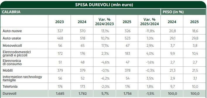 Calabria, beni durevoli a 1,76 miliardi: Cosenza tiene, Vibo Valentia  

