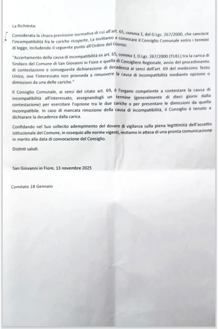 Il Comitato 18 Gennaio chiede la convocazione urgente del Consiglio Comunale per l'incompatibilità del sindaco Succurro