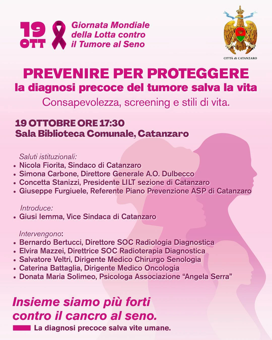 "Prevenire per proteggere": il 19 ottobre a Catanzaro l'incontro sulla diagnosi precoce del tumore al seno