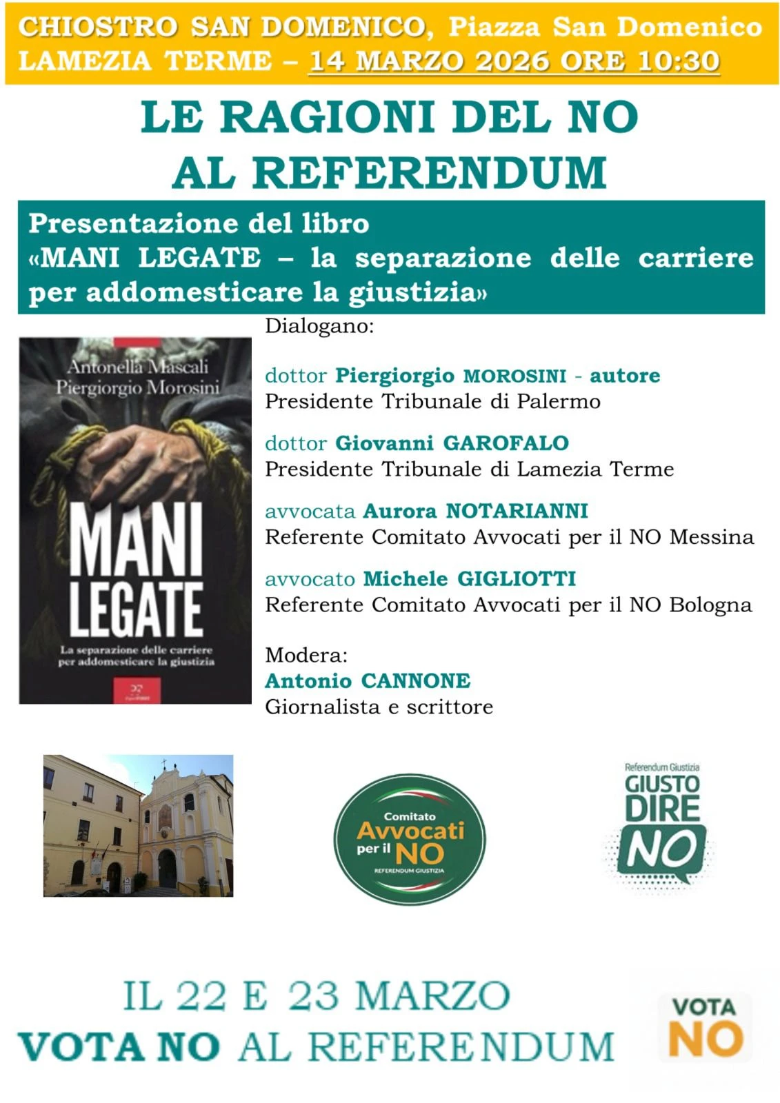 Lamezia, il 14 marzo al Chiostro le ragioni del NO al referendum