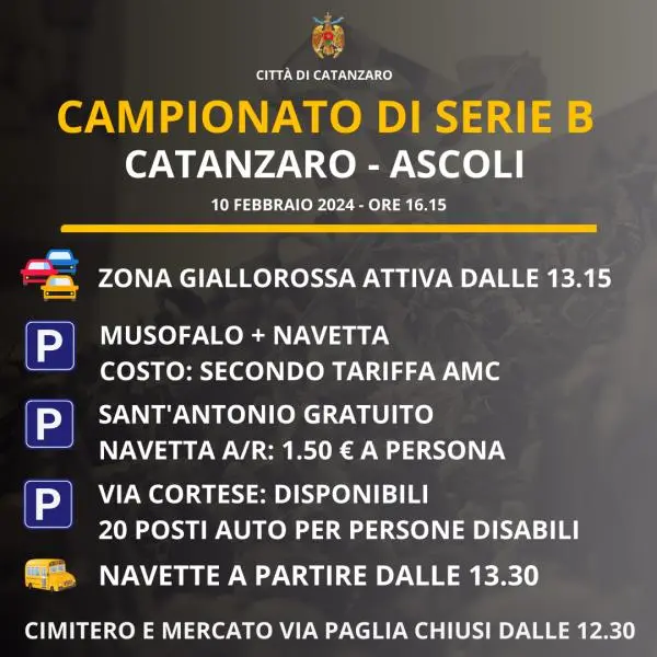 images Zona giallorossa per Catanzaro - Ascoli: info su viabilità, parcheggi, chiusura mercato e cimitero