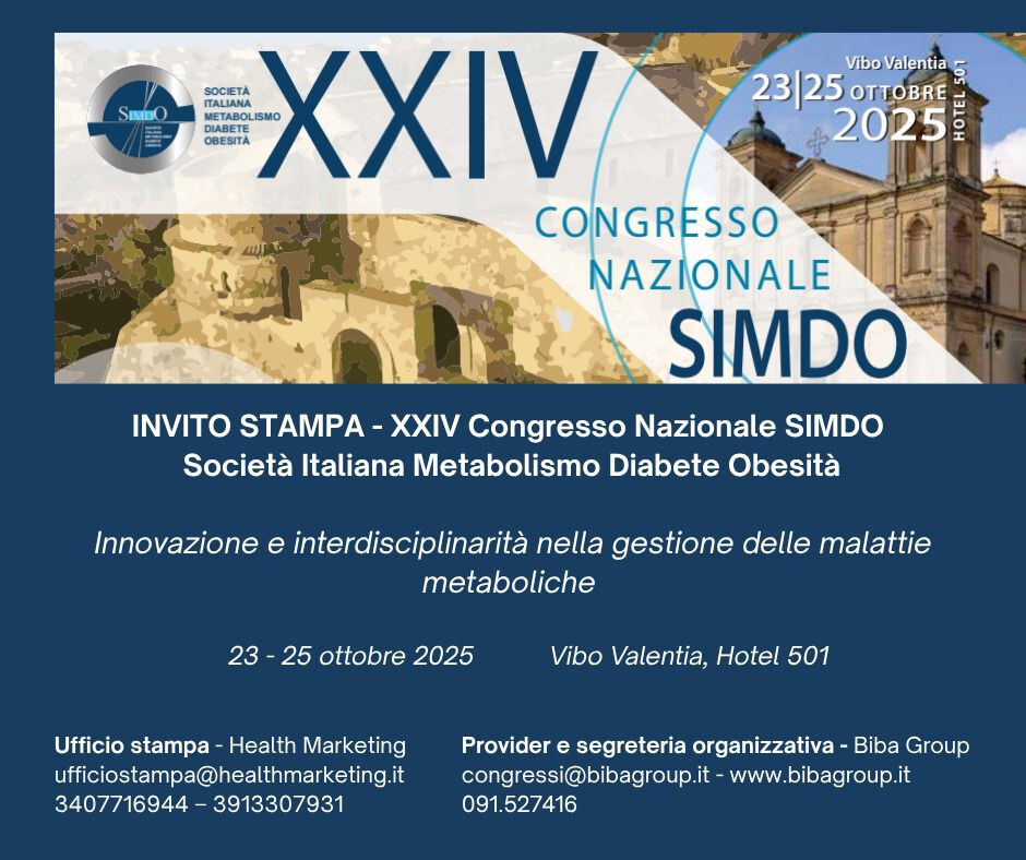 A Vibo al via oggi il XXIV Congresso Nazionale SIMDO: 3 giornate di confronto dedicate a diabete, metabolismo e obesità images A Vibo al via oggi il XXIV Congresso Nazionale SIMDO: 3 giornate di confronto dedicate a diabete, metabolismo e obesità