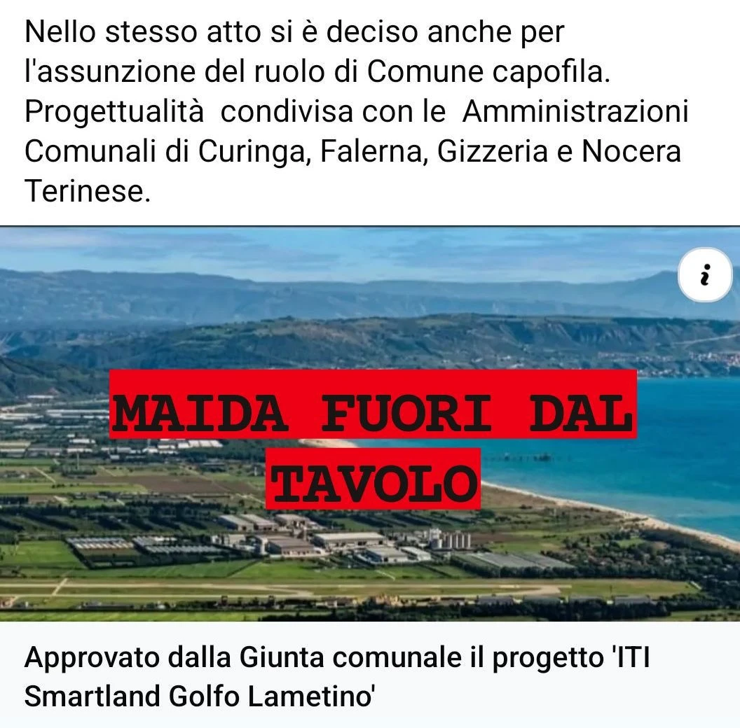 Maida fuori dal tavolo strategico del Golfo lametino, "Costruiamo il futuro": "Un'assenza grave, inaccettabil""