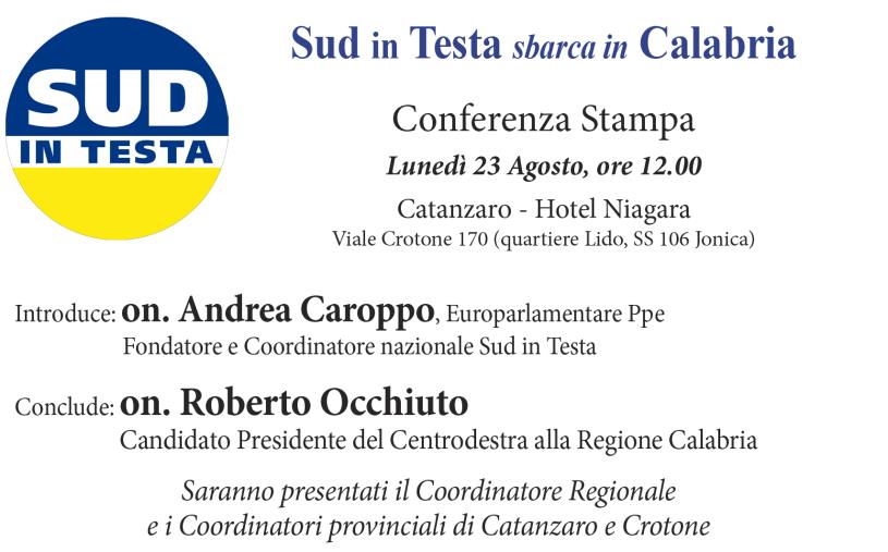 “Sud in testa” sbarca in Calabria: lunedì a Catanzaro conferenza stampa con Occhiuto e Caroppo images “Sud in testa” sbarca in Calabria: lunedì a Catanzaro conferenza stampa con Occhiuto e Caroppo